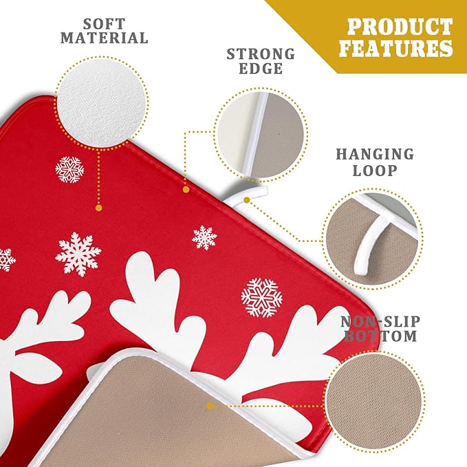 Xmas Dish Drying Mat for Kitchen Counter Cute Reindeer Holiday Snowflake Microfiber Absorbent Dish Draining Reusable Washable Foldable 16"x18"