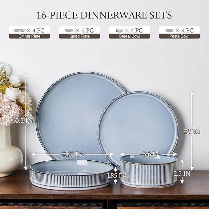 E-far 16 Piece Dinnerware Sets, Plates and Bowls with Pasta Bowls Service for 4, Modern Stoneware Ribbed Dishes for Kitchen Dining, Microwave & Dishwasher Safe, Dusty Blue
