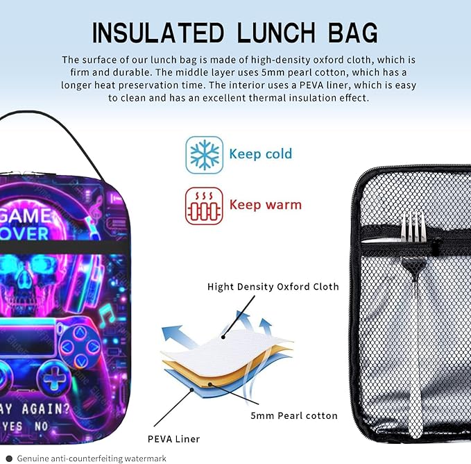 Video Game Insulated Lunch Box for Boys Girls Portable Game Lunch Bag for Kids Adult Teens School Work Office Travel Picnic Hiking Beach Cooler Reusable Waterproof Gaming Lunchbox