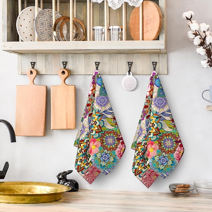 Boho Floral Kitchen Towels Set of 2, Colorful Flowers Dish Towels, Absorbent Soft Hand Tea Bar Towels for Farmhouse Home Decor