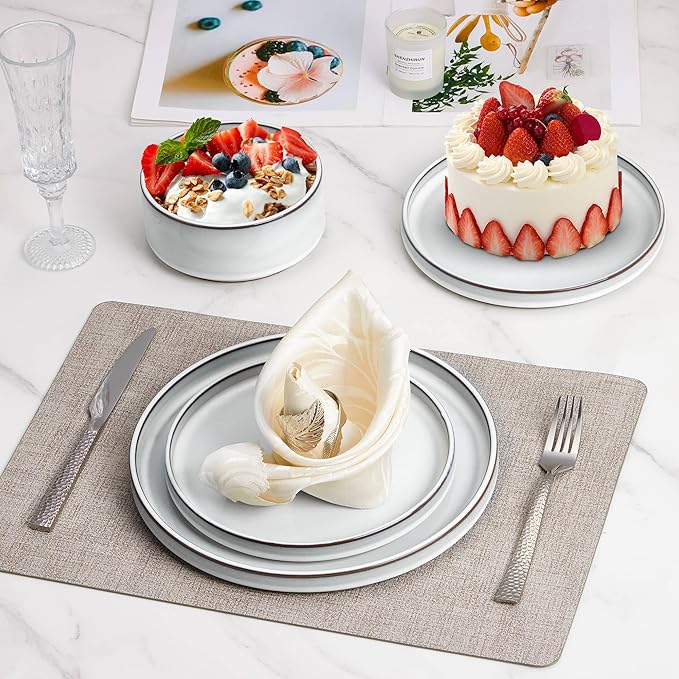 LIANYU Plates and Bowls Dinnerware Sets for 8, 24 Piece Stoneware Tableware Dishes Set Includes Dinner Dessert Plate Cereal Bowl, Rustic Terracotta Underside, Dishwasher & Microwave Safe, Lucent White