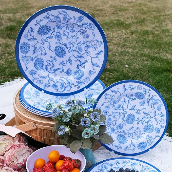 Melamine Dinnerware Set 12-Piece for 4 Dish Set Plates Bowls Unbreakable Dishware for Indoor Outdoor Use Lightweight Durable for Camping Picnics Parties Blue