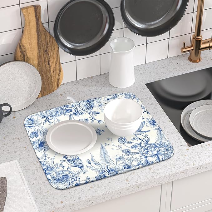 Chinoiserie Dish Drying Mat 16x18 Inches, Blue White Birds Floral Flowers Super Absorbent Microfiber Dish Rack Pad Mat for Kitchen Counter Coffee Bar