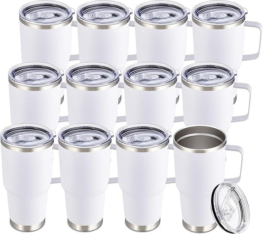30 oz Tumbler with Handle and Lid, Stainless Steel Tumblers Bulk Double Wall Vacuum Insulated Travel Mug Leak Proof Cup Keep Drinks Cold and Hot White, 12 Pack