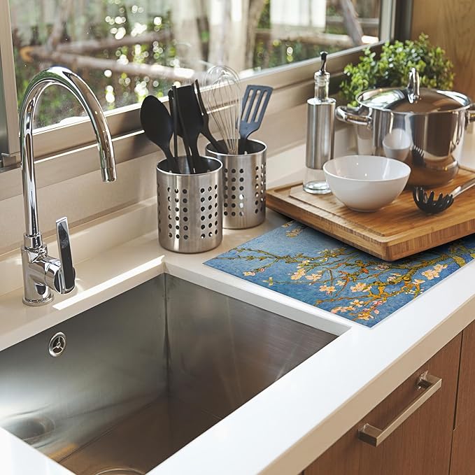 Almond Blossom Tree Dish Drying Mat for Kitchen Counter Decor,Flower Dish Drying Rack Pad Absorbent Reversible Microfiber for Coffee Tableware Sink Countertop 18x24 Inch