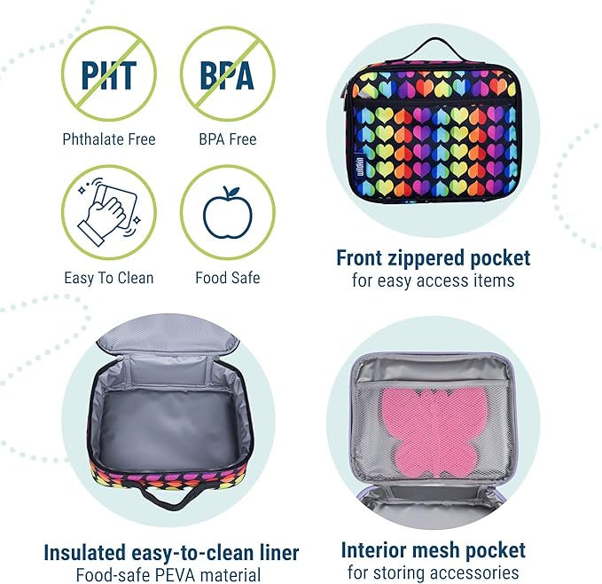 Wildkin Kids Insulated Lunch Box – Durable and Reusable for School & Travel - Rainbow Hearts