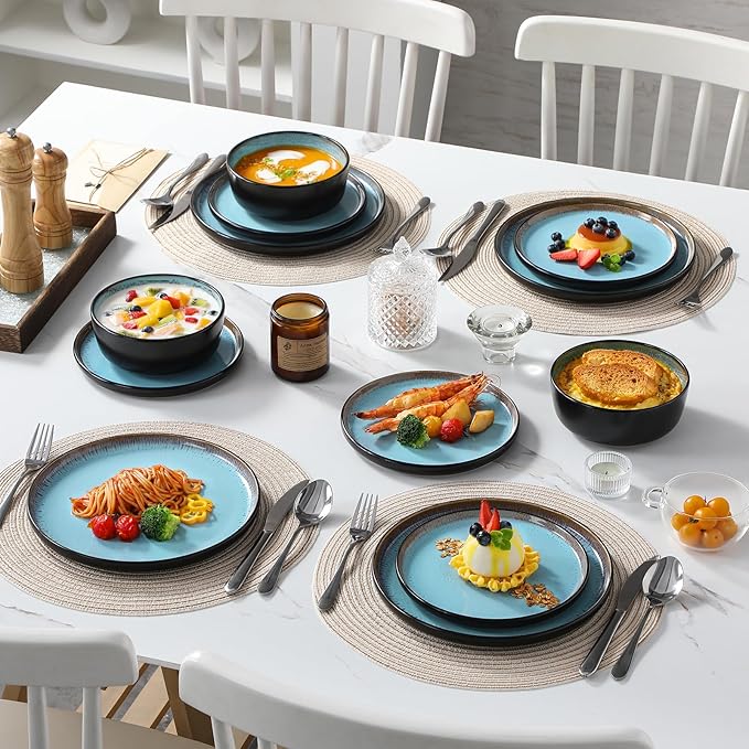 vancasso Plates and Bowls Sets, 24 Pieces Stoneware Dinnerware Sets for 8, Kitchen Dish Set Mircowave and Dishwasher Safe Dinner Set Ceramic Dishware, Sky Blue, Series AMBER