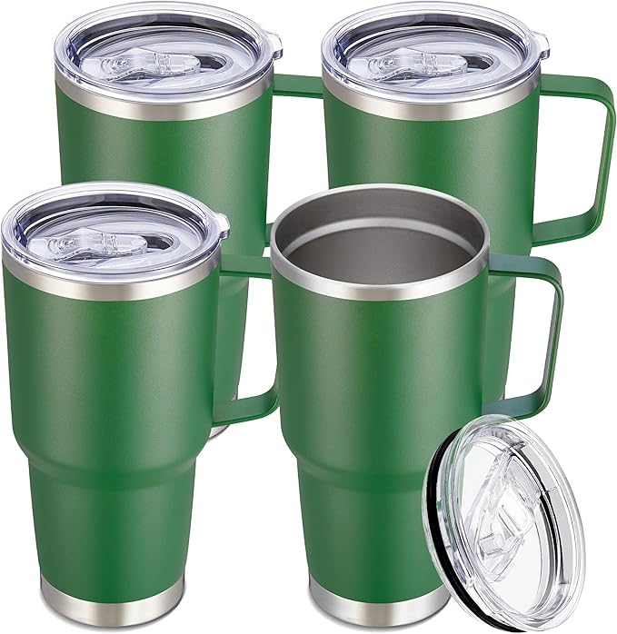 30 oz Tumbler with Handle and Lid, Stainless Steel Tumblers Bulk Double Wall Vacuum Insulated Travel Mug Leak Proof Cup Keep Drinks Cold and Hot Dark Green, 4 Pack