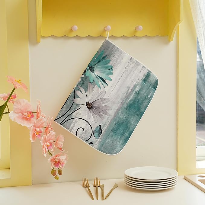 Rustic Daisy Floral Dish Drying Mats 18x24 Inches for Kitchen Counter Vintage Teal Blue Kitchen Decorations Drying Mats Seasonal Outdoor Decor Mat Drying Pad for Office Dining Room Decor