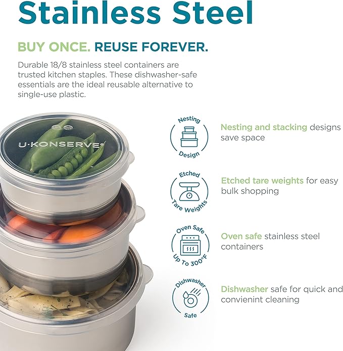 U Konserve Stainless Steel Round Food Storage Bento Box Container, Leak Proof Silicone Lid Dishwasher Safe - Plastic Free, 9oz