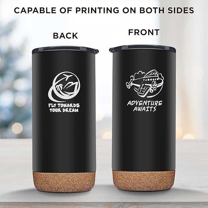 Custom Travel Tumblers with Cork Bottom 16 oz. Set of 50, Personalized Bulk Pack - Double Wall Insulated, Matte Finish, Perfect for Iced Coffee, Soda, Other Beverages - Black