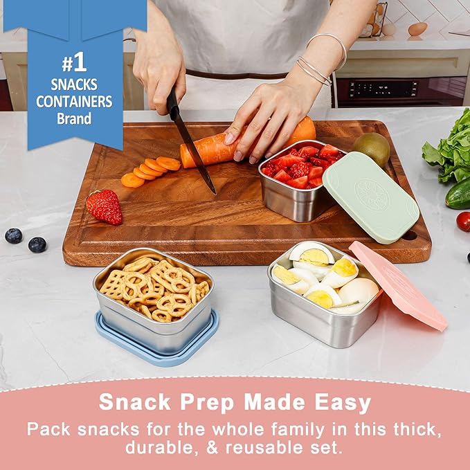 Caperci 3-Pack Stainless Steel Snack Containers with Silicone Lids - 10oz Reusable Small Food Storage Containers for Snacks & Deli Foods, Leak-Proof, Easy Open & BPA-Free (290ML)