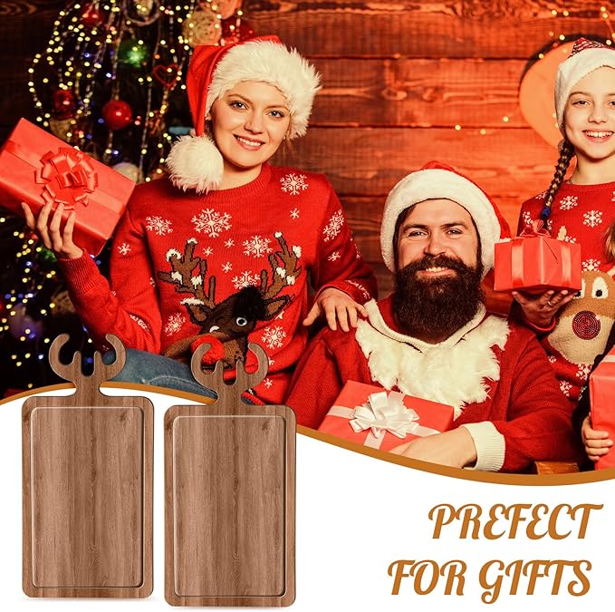 6 Pcs Christmas Appetizer Platter 12 Inch Cutting Board Acacia Serving Trays Wood Charcuterie Board Tray Snack Dessert Candy Dish Plate for Kitchen Gifts (Deer Antler,Rectangle)