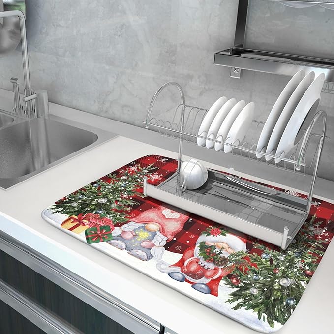 Winter Gnome Dish Drying Mat 18x24 inch Christmas Elf Trees Snowflakes Dish Drainer Mats Large Black Red Buffalo Plaids Fast Drying Absorbent Dish Drying Pad for Kitchen Countertop Holiday Decor