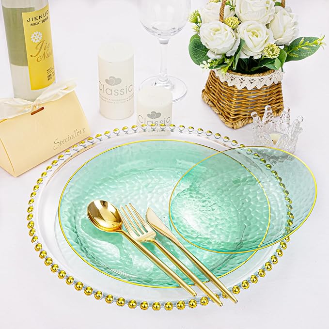 Rubtlamp 60 Pieces Green Gold Plastic Plates - 10 inch Green Plastic Dinner Plates - Hammer Pattern Design - Fancy Disposable Plates Ideal for Wedding & Party
