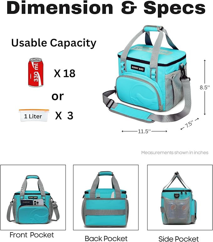 SUNNY BIRD 12L Large Insulated Lunch Bag, Leakproof and Foldable Lunch Cooler Box for Women Adult and Men, Fits 18 Cans (Aqua Blue 01)