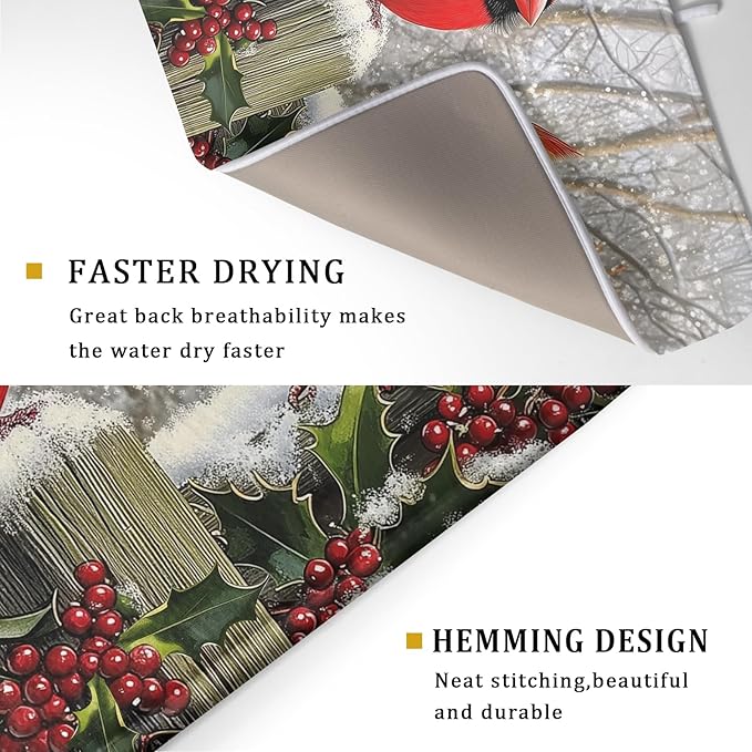 Winter Birds Dish Drying Mat Red Berry Dish Drainer Rack Mat Microfiber Absorbent Dish Drying Pad for Kitchen Counter Coffee Bar 18x24 Inch