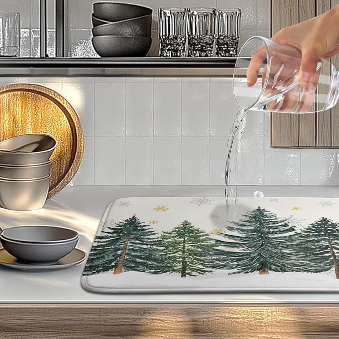 Winter Forest Dish Drying Mat Winter Snowflake Large Kitchen Mats Dish Drying Pad Christmas Tree Absorbent Dish Dryer Mat for Kitchen Countertops Microfiber Drainer Pad Dish Drying Mats (18x24 in)