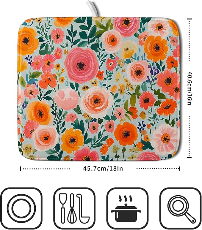 Spiral Flower Dish Drying Pad - Spring Bold Floral Printd Kitchen Countertop Cloth Pad for Home Decorative