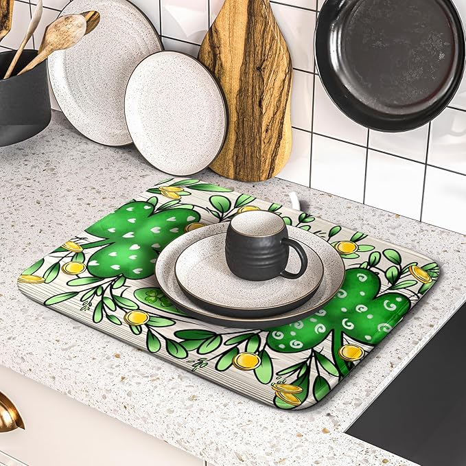 St Patrick's Day Shamrock Dish Drying Mat 16x18 inch Eucalyptus Leaves Dishes Pad Dish Drainer Mats Absorbent Fast Dry Kitchen Accessories