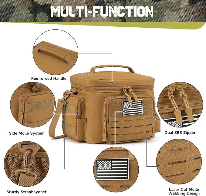 QT&QY Tactical Lunch Bag for mens Military heavy duty lunch box work Leakproof insulated Durable Thermal Cooler Bag for Adult Meal for Office Camping Picnic Pail MOLLE Webbing Khaki