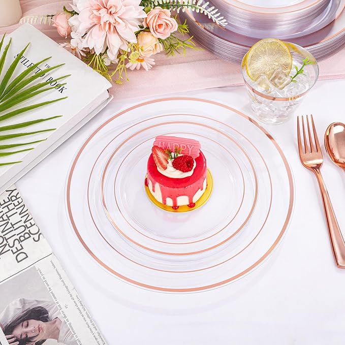 bUCLA 300PCS Clear Rose Gold Plastic Dinnerware - Rose Gold Disposable Dinnerware Set Include 50 Dinner Plates,50 Dessert Plates,50 Knives,50 Forks,50 Spoons,50 Cups for Party, Wedding & Mother’s Day