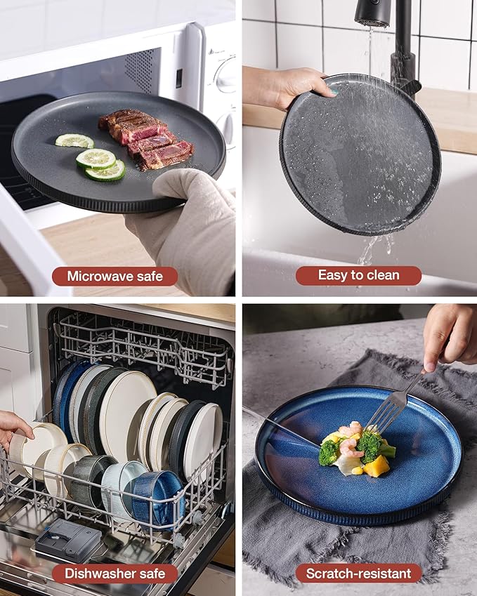 Famiware Star Dinnerware Sets, Plates and Bowls Set for 4, 12 Pieces Ribbed Dishes - Chip and Scratch Resistant, Microwave and Dishwasher Safe Tableware, Matte Dark Charcoal