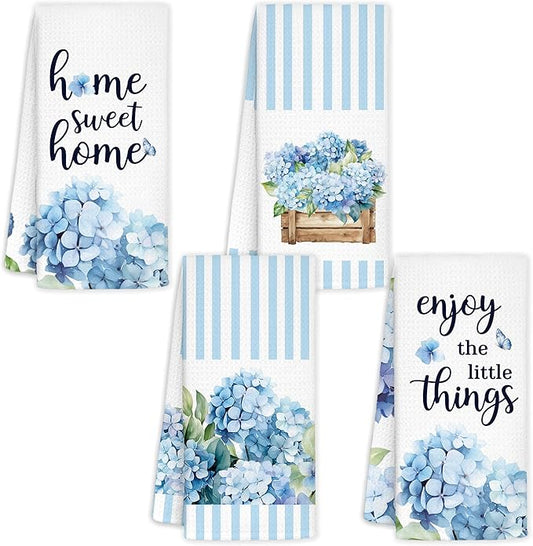 Blue Stripe Hydrangea Kitchen Towels Set of 4 - Home Sweet Home Blue and White Hydrangea Gifts Decorative Hand Towels for Bathroom, 16x24
