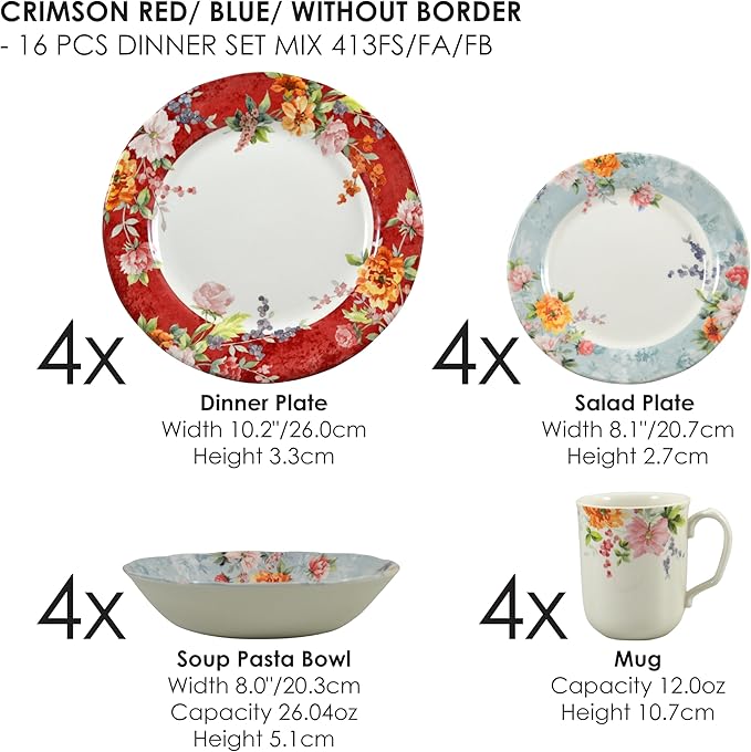 Tudor Royal 16-Piece Porcelain Round Dinnerware Set, Service for 4, Crimson Design, Summer Floral, Plates Bowls Mugs Dishes, Glossy, Premium Quality Tableware, Unique Pattern