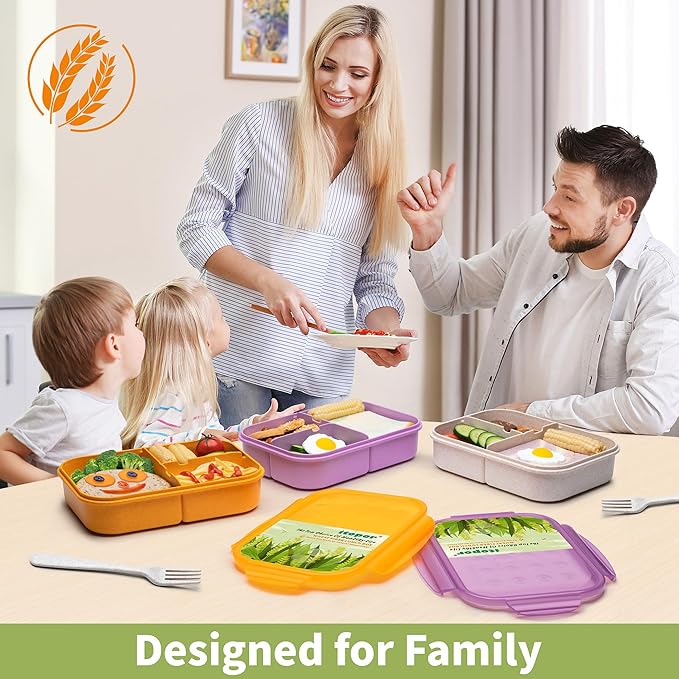 Wheat Fiber Bento Box Adult Lunch Box, Leak-Proof Lunch Containers for Adults Men Women & Kids, 5.5 Cup Regular Size with Utensil, Microwave & Dishwasher Safe, White