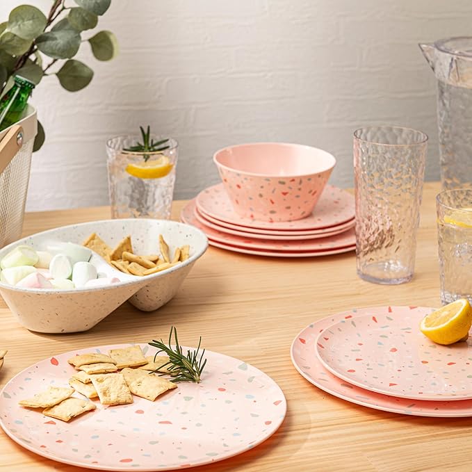 Bzyoo 12-Piece Melamine Dinnerware Set - Confetti Pink Plates and Bowl Lightweight BPA-Free Dishwasher Safe Dish Set for Indoor & Outdoor Use - Perfect for Camping, BBQs, Kids Parties