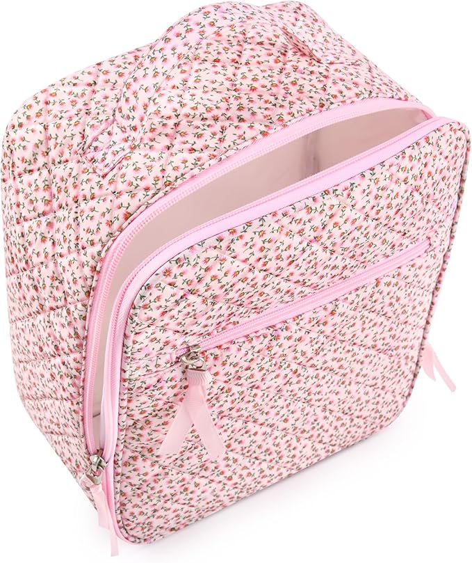 Aileam Lunch Box for Women Cute Lunch Bag Quilted Reusable Insulated Lunch Box Aesthetic Lunch Tote Bags Floral Cotton Lunch Case for Travel Work Picnic (PINK DITSY)