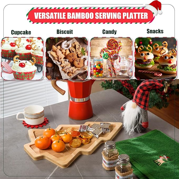 Christmas Wooden Appetizer Tray Christmas Tree Shaped Wooden Serving Platter Sushi Serving Tray Wood Charcuterie Board Tray Snack Dessert Candy Dish Plate for Christmas Home Kitchen,15x11x0.59 Inch