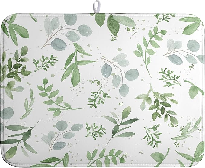 Summer Sage Green Leaves Dish Drying Mat Spring Eucalyptus Leaf Kitchen Dish Drying Pad Absorbent Dish Dryer Mat for Kitchen Countertops Microfiber Dishes Drainer Pad Dish Drying Rack Mat (18x24 in)