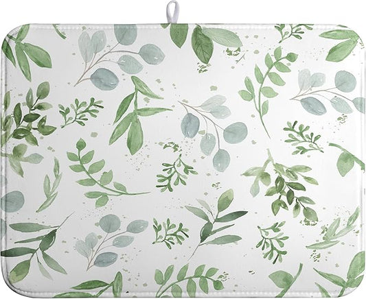 Summer Sage Green Leaves Dish Drying Mat Spring Eucalyptus Leaf Kitchen Dish Drying Pad Absorbent Dish Dryer Mat for Kitchen Countertops Microfiber Dishes Drainer Pad Dish Drying Rack Mat (18x24 in)