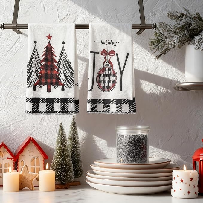 Black & White Buffalo Plaid Christmas Kitchen Towels Set of 2 | 18x26 Inch Dish Towels with Xmas Tree Holiday Decor for Farmhouse Kitchen & Bath
