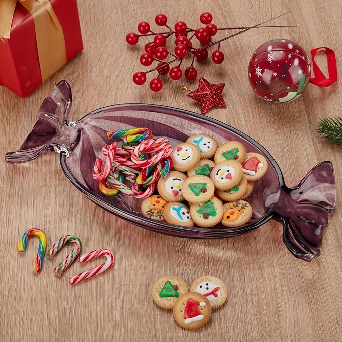 SHOWLOUE Christmas Platter Dish, Glass Candy Platter Serving Dessert Plates Christmas Dinnerware Tray Decorative Plates for Xmas Holiday Party Favor, Dark Purple, Large