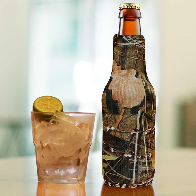 10 Neoprene Zippered Beer Bottle Coolies Pack - Sharkskin Rubber Bottom - Camo4