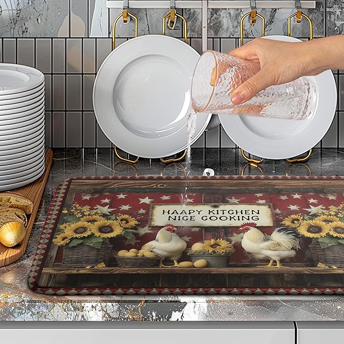Vintage Rooster Dish Drying Mat Farmhouse Summer Sunflower Kitchen Dish Drying Pad Absorbent Fall Dish Dryer Mat for Kitchen Countertops Microfiber Dishes Drainer Pad Dish Drying Rack Mat (18x24 in)