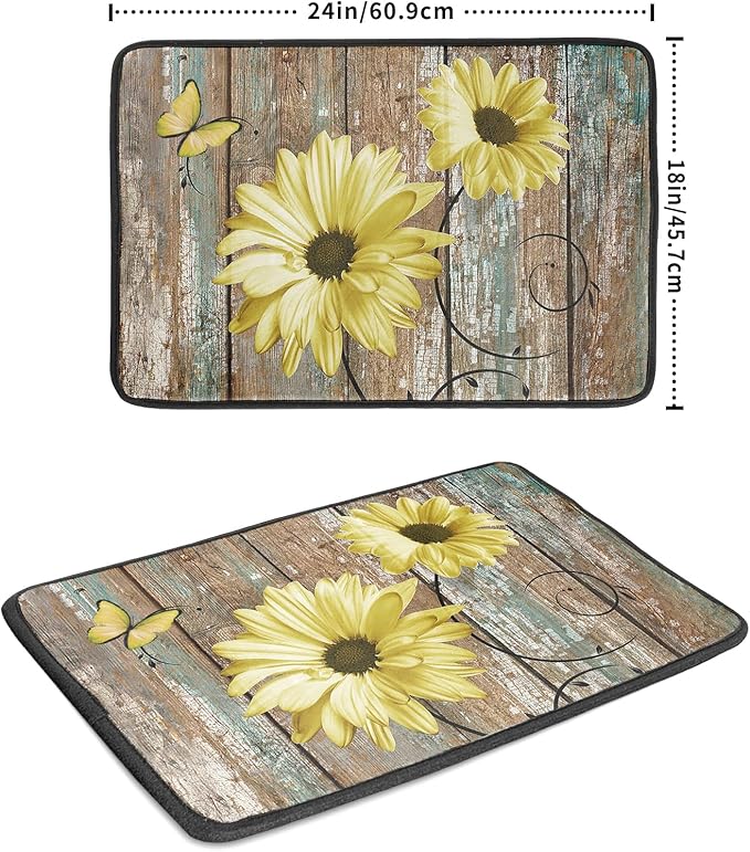 Rustic Daisy Dish Drying Mat for Kitchen Countertop 18x24 inch Yellow Sunflowers on Wooden Board Dish Drainer Mats Fast Drying Country Vintage Style Shabby Chic Flower Dish Drying Pad Decor Large