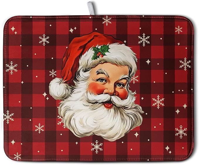 Santa Claus Christmas Dish Drying Mat Xmas Red and Black Buffalo Plaid Snowflake Drying Mats Winter Holiday Dishes Drying Pad Microfiber Absorbent Dish Drainer Rack Mat 18x24 Inch