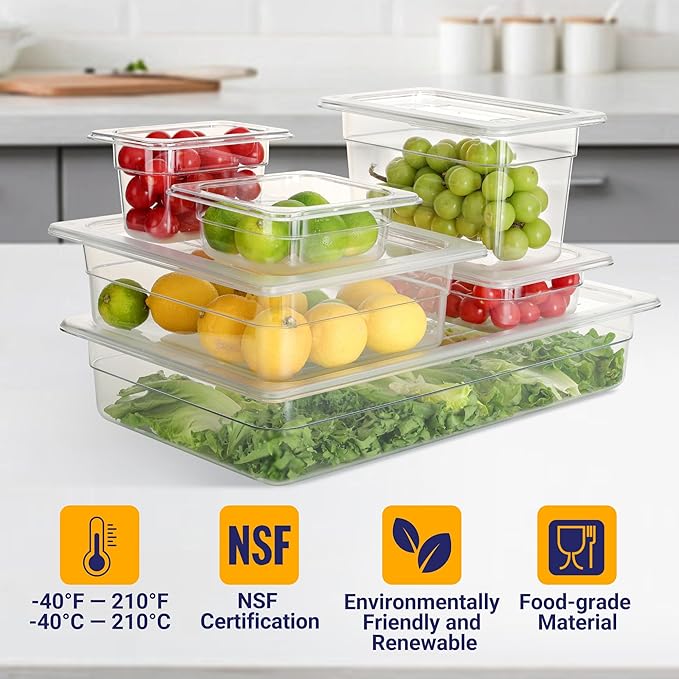 6 Pack NSF Food Pans with Lids, 1/3 Size 6'' Deep Commercial Food Storage Containers, Polycarbonate, Clear