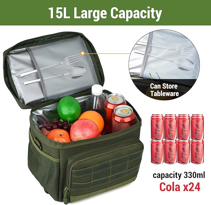 Tactical Lunch Box for Men, Insulated Lunchbox Waterproof Leakproof Cooler Lunch Bag for Work Outdoor Picnic, 24 Cans/15 L, Green