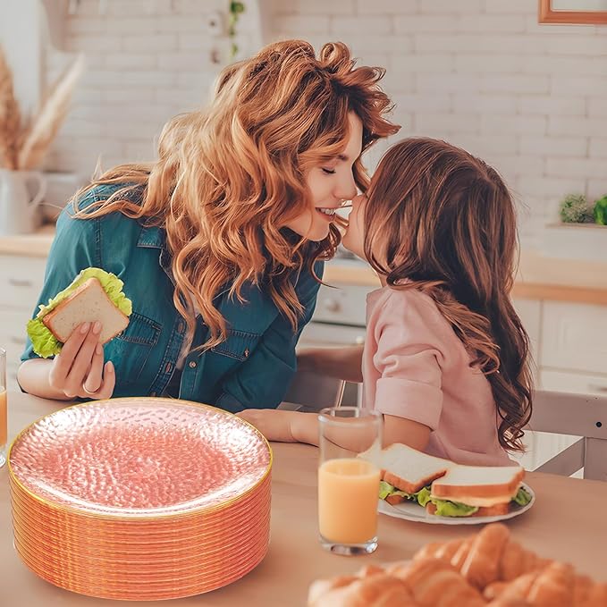 Rubtlamp 100 Pcs Pink And Gold Plastic Plates - 10 inch Clear Pink Gold Dinner Plates - Hammer Pattern Design - Fancy Disposable Plates - Heavy-Duty Party Plates Ideal for Mother's Day