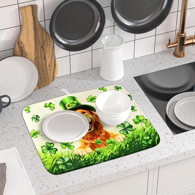 St Patrick's Day Dog Dish Drying Mat 16x18 inch Green Shamrock Dishes Pad Absorbent Microfiber Dish Drainer Mat for Kitchen Counter Coffee