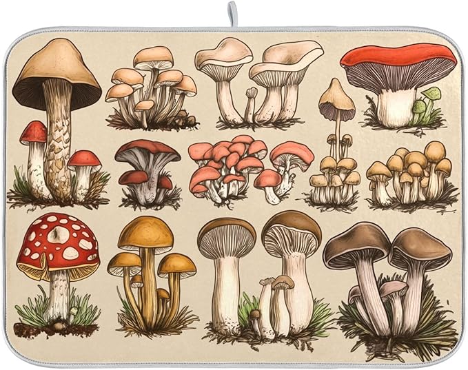 Retro Types and Shapes Mushrooms Dish Drying Mat for Kitchen Counter Super Absorbent Dishes Pad Reversible Microfiber Protector Dish Draining Mats 18x24 inch