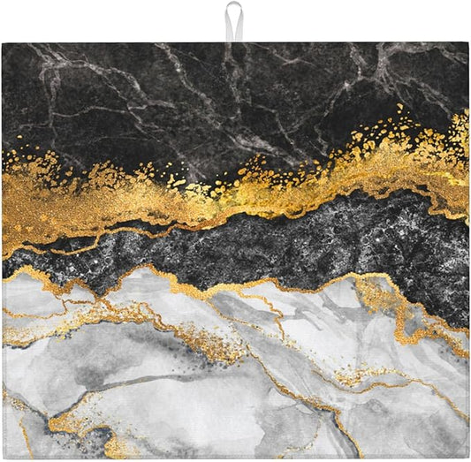 Black Gold Marble Dish Drying Mat for Kitchen Counter Gold and Black Grey Dish Drainer Rack Mats 16x18 Inches Absorbent Reversible Cute Drying Pad