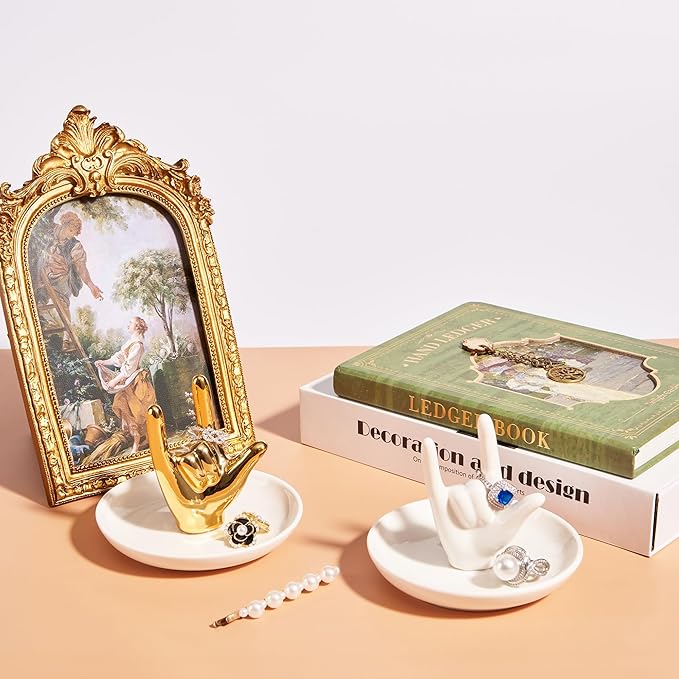 Set of 2 Hand Ring Holder, I Love You Hand Shape Jewelry Dish for Wedding Engagement, Trinket Tray Gifts for Women Her Birthday Christmas Valentines