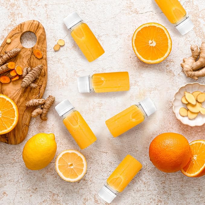 30 Pcs 2 Oz Small Plastic Bottles for Liquids,Ginger Shot with Caps,Empty Shot Bottles for Liquor,Juice,Weddings,Parties,DIY