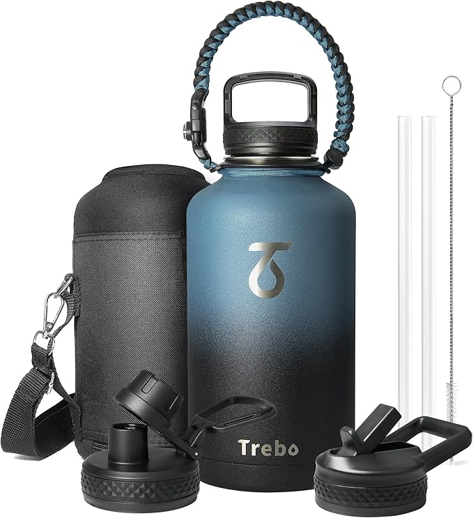 Trebo 32oz Water Bottle Insulated with Lid and Straw,Double Wall Vacuum Stainless Steel Metal Tumbler Sports Flask with Paracord Handle, Keep Cold 48 Hours Water Cup with 3 Lids, Indigo/Black
